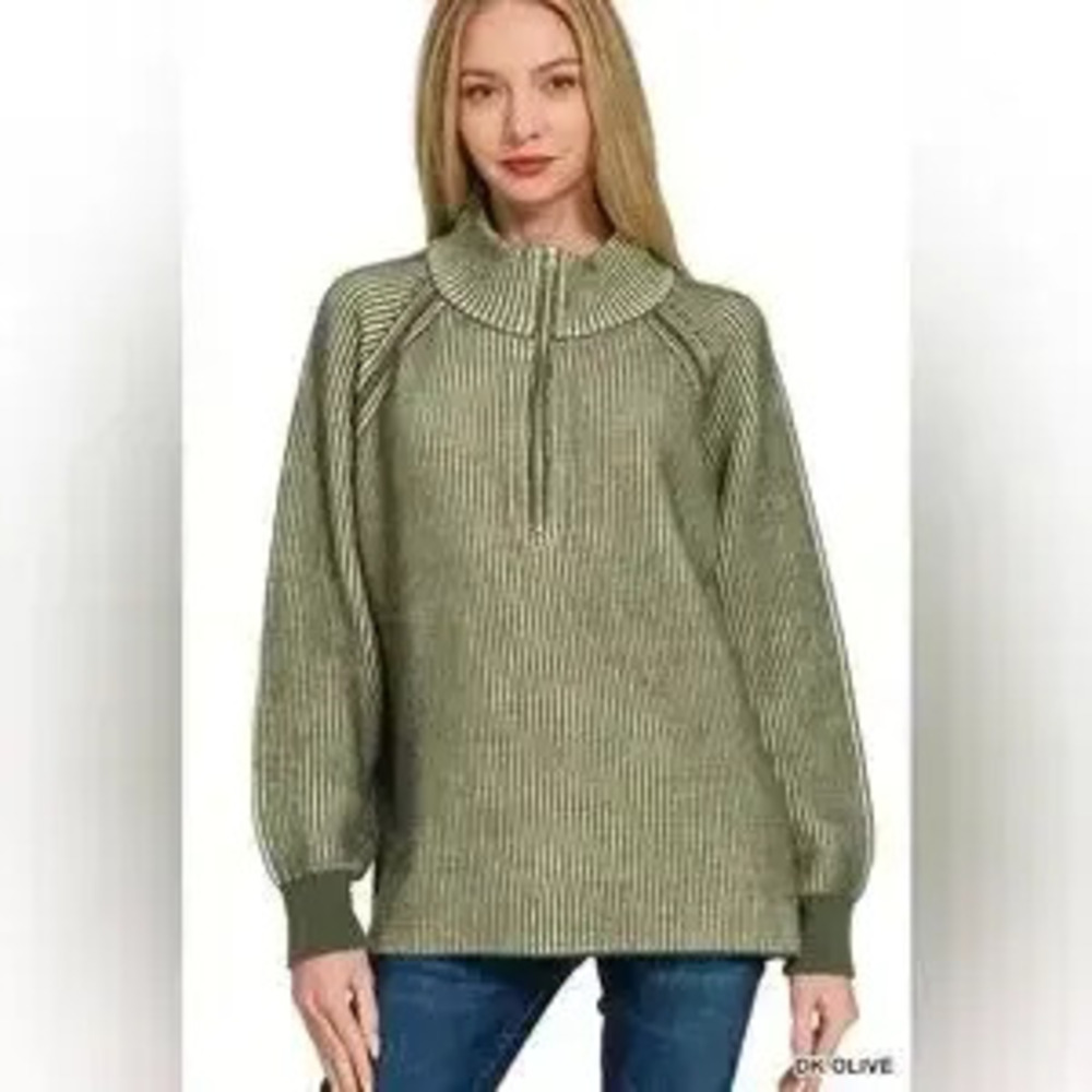 Zenana Ribbed Two Tone Half Zip Sweater - Picture 1 of 4